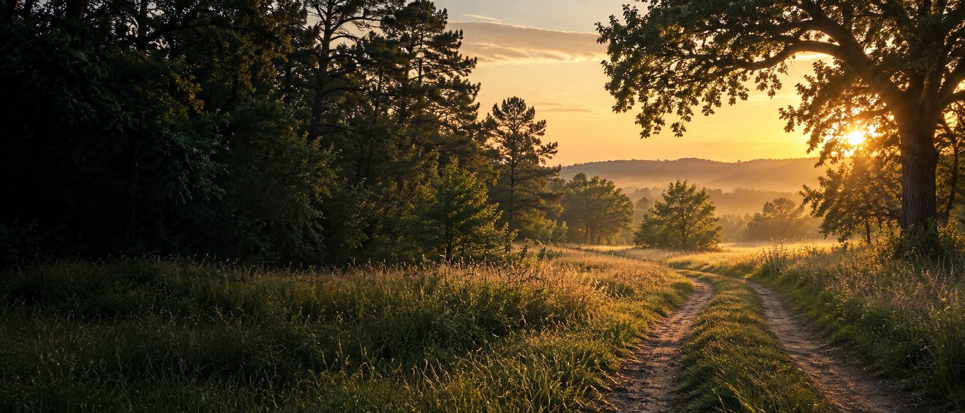 Illustrative sunlit path through a wooded East Texas landscape